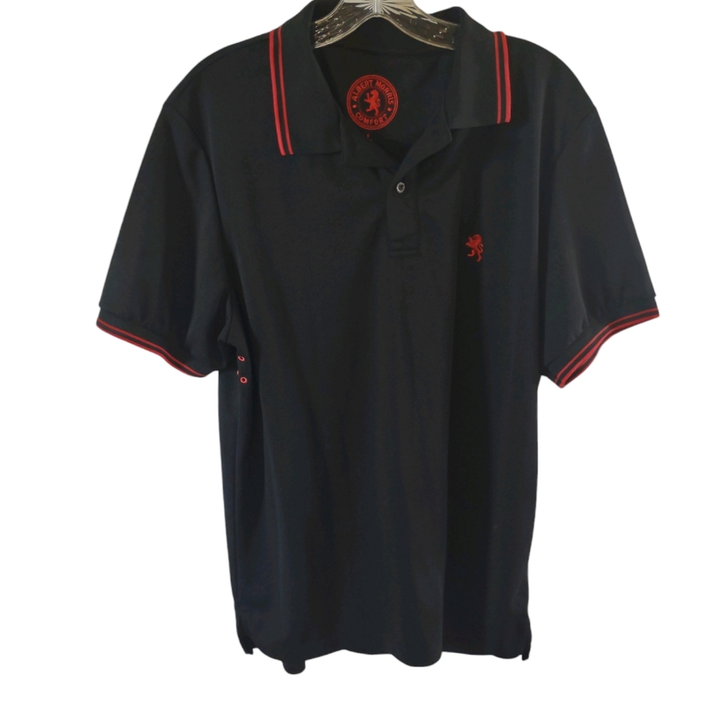Albert Morris polo shirt size L black and red. 30" in. length polyester.